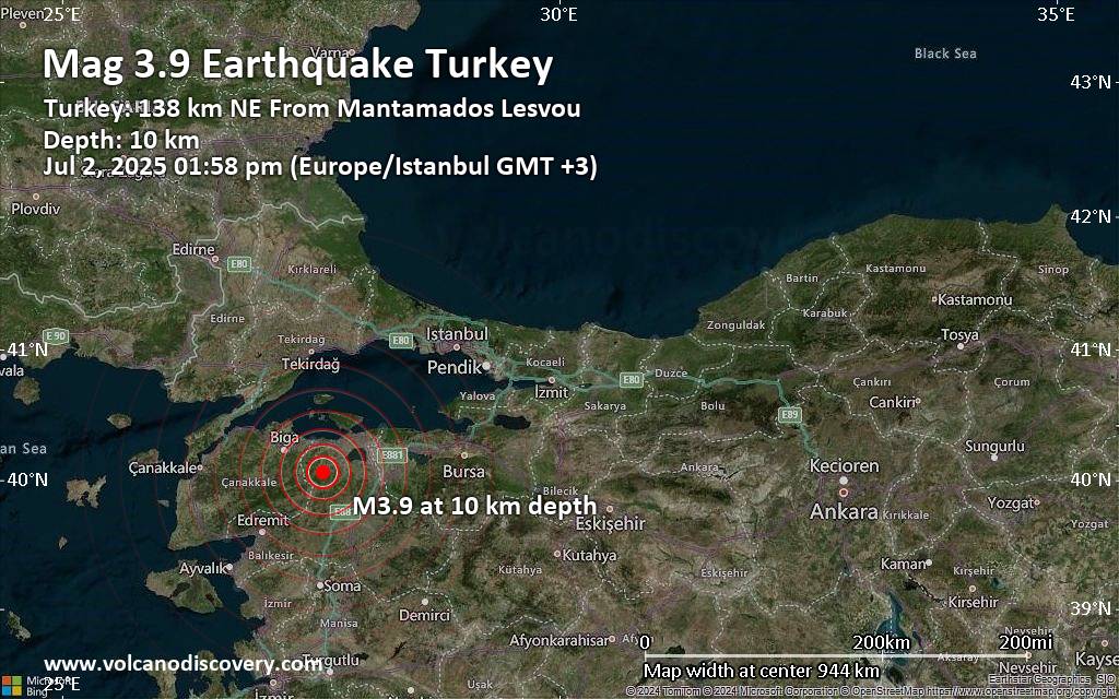 Small magnitude 3.9 earthquake 6 km southwest of Gonen, Turkey