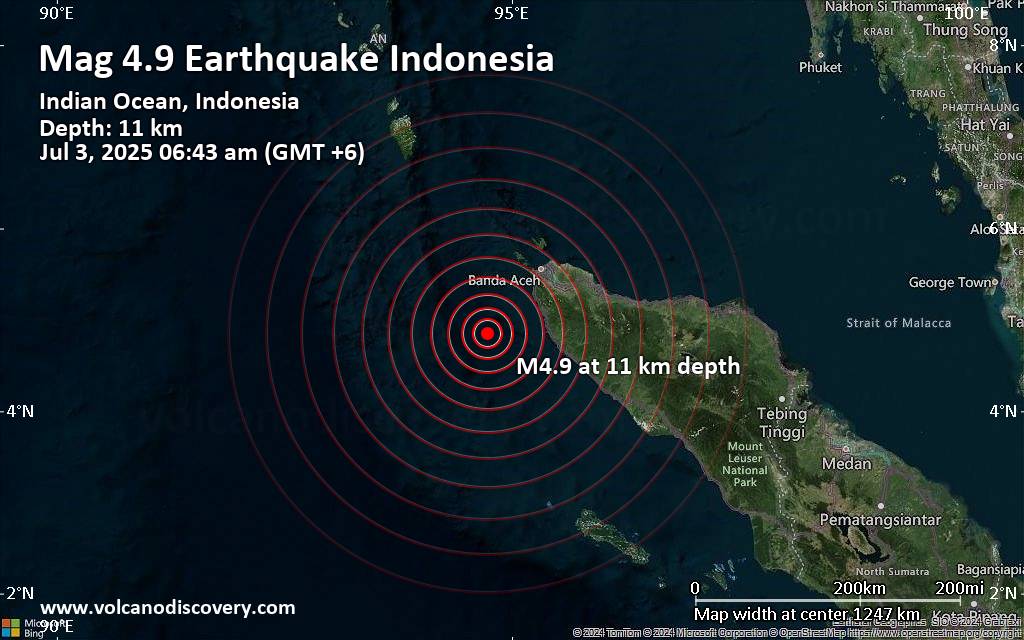 Moderate magnitude 4.9 quake hits 102 km southwest of Banda Aceh, Indonesia early morning