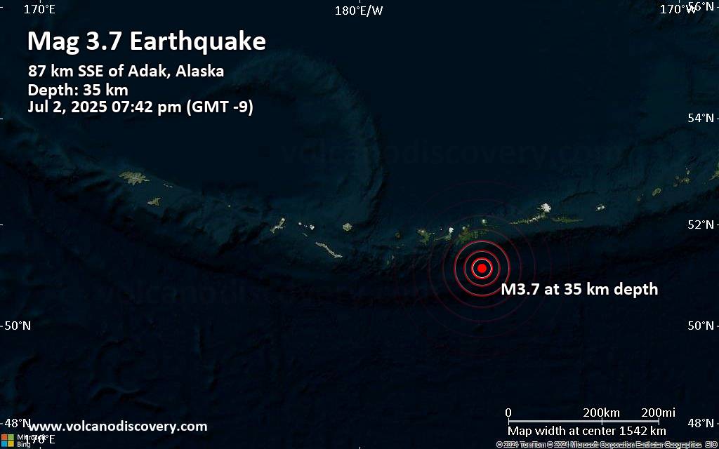 Magnitude 3.7 earthquake strikes near Adak, Aleutians West, Alaska, USA