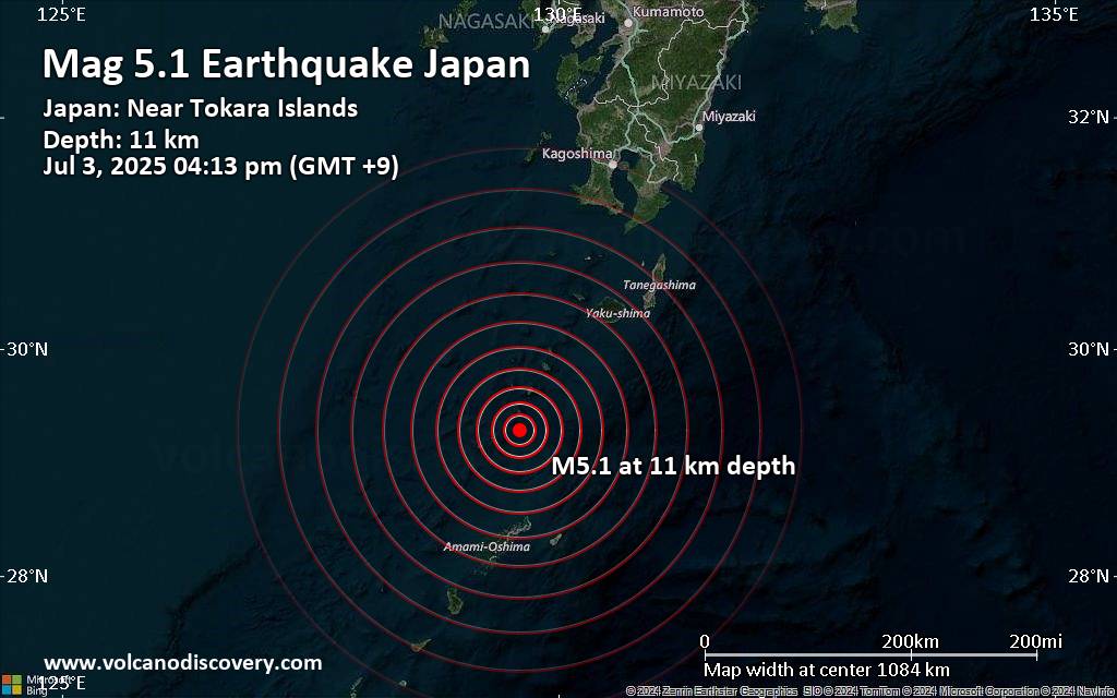 Magnitude 5.1 earthquake strikes near Naze, Amami Shi, Kagoshima-ken, Japan