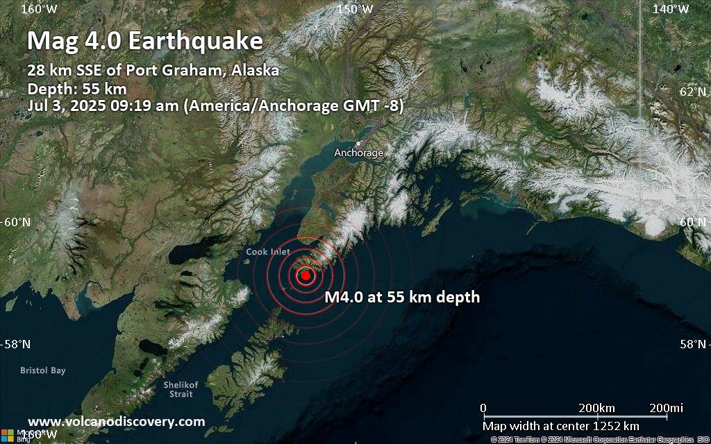 Moderate magnitude 4.0 earthquake 35 miles south of Homer, Alaska, United States