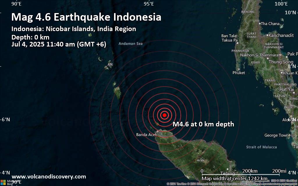 Moderate magnitude 4.6 quake hits 43 km northeast of Sabang, Indonesia in the morning
