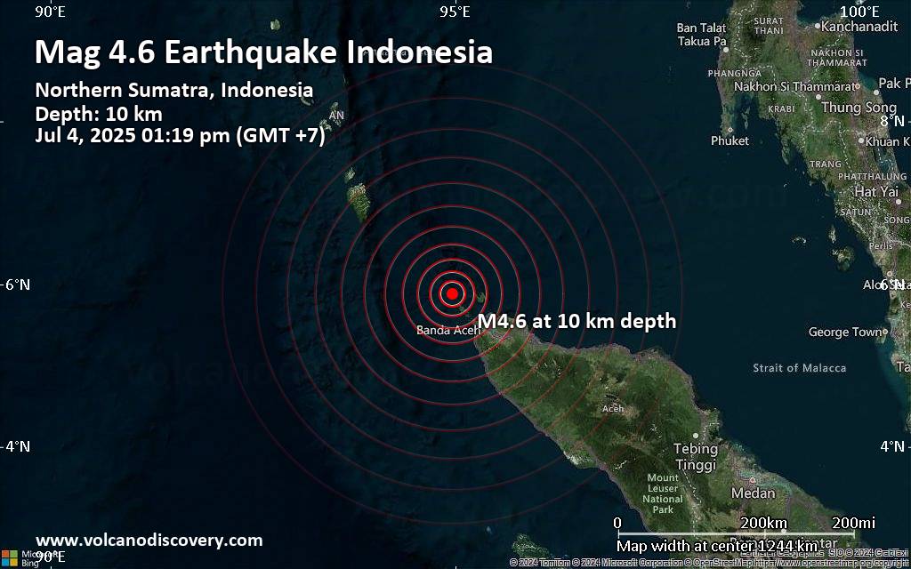 Moderate magnitude 4.6 earthquake 57 km northwest of Banda Aceh, Indonesia