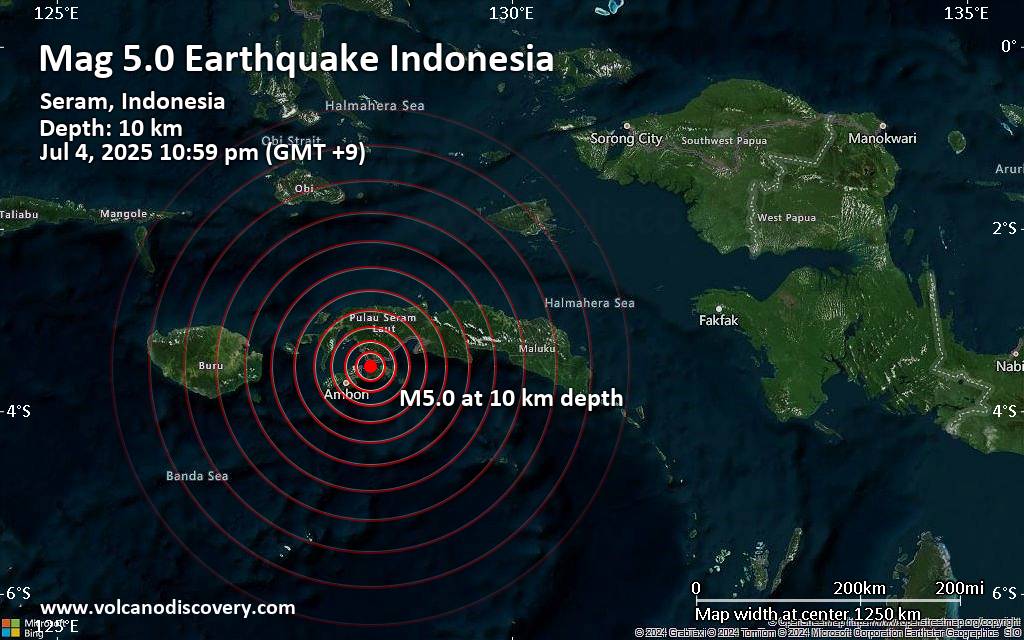 Magnitude 5.0 earthquake strikes near Ambon, Kota Ambon, Maluku, Indonesia