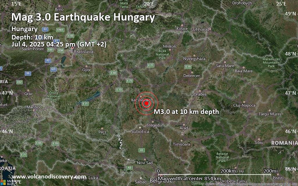 Magnitude 3.0 earthquake strikes near Kecskemet, Bacs-Kiskun county, Hungary