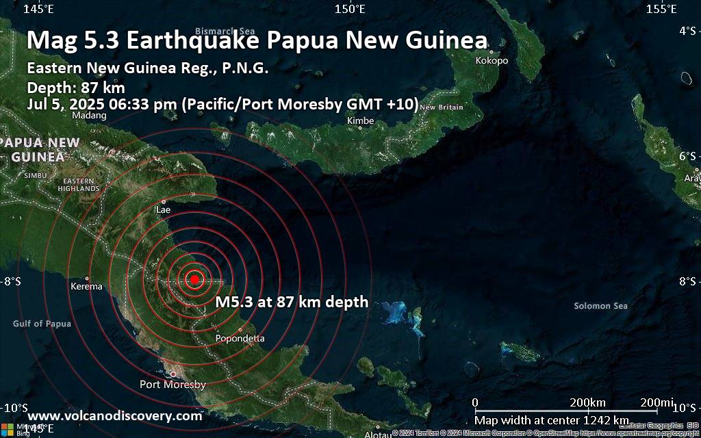 Significant earthquake of magnitude 5.3 just reported 105 km northwest of Kokoda, Papua New Guinea