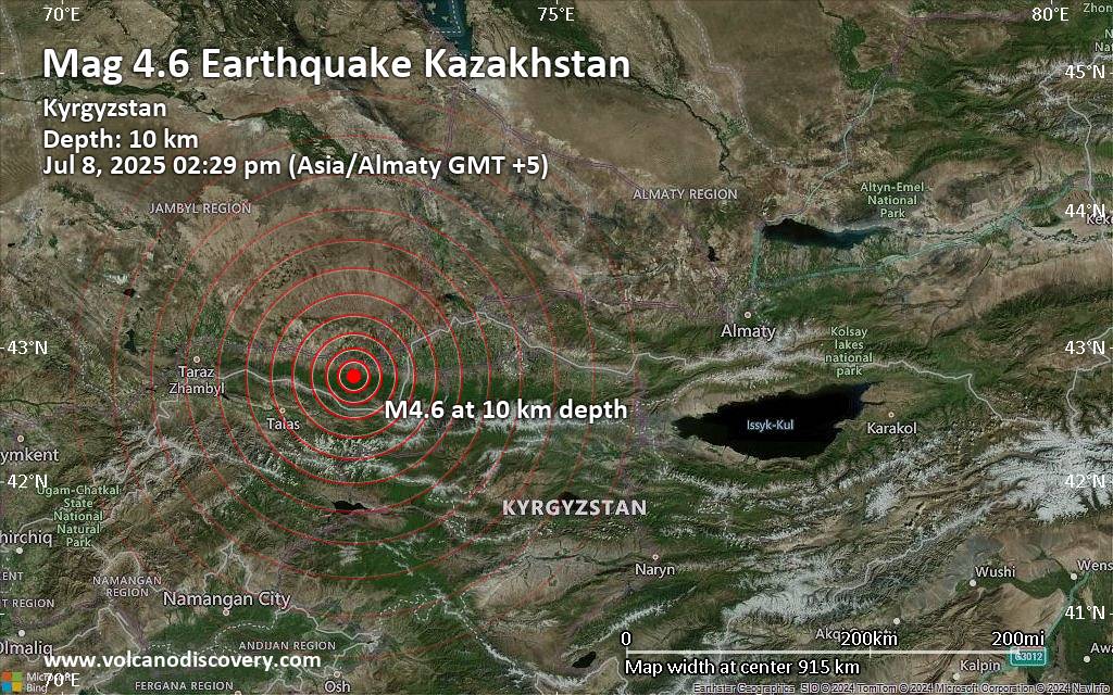 Moderate magnitude 4.6 quake hits 22 km southwest of Merke, Kazakhstan early afternoon