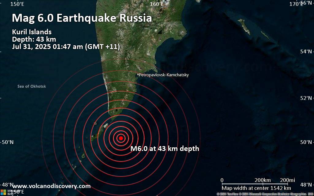 Significant magnitude 6.0 quake hits 106 km southeast of Severo-Kuril'sk, Russia early morning