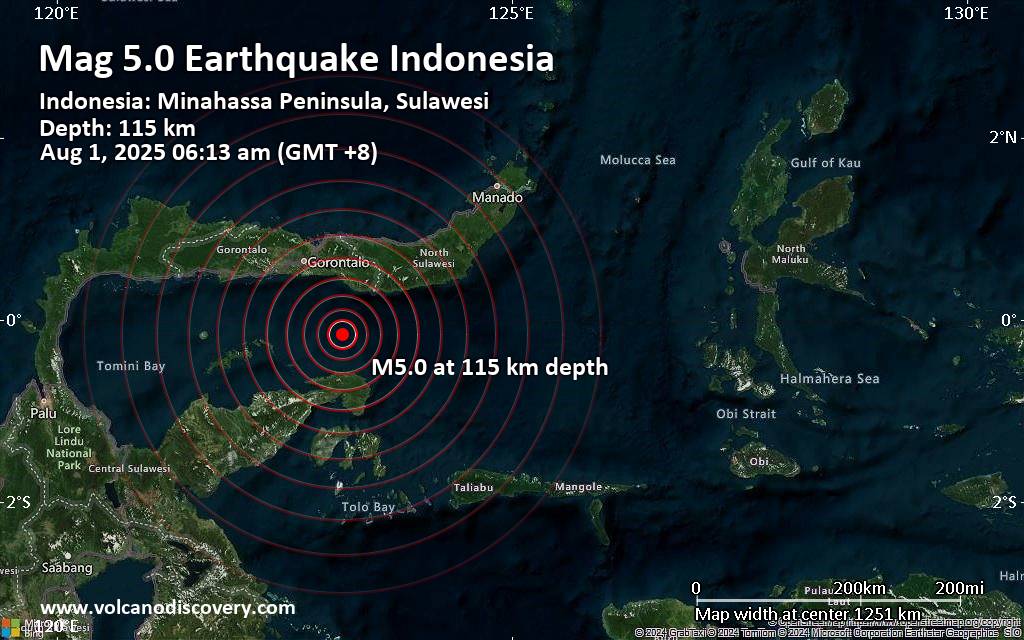 Magnitude 5.0 earthquake strikes near Gorontalo, Kota Gorontalo, Indonesia