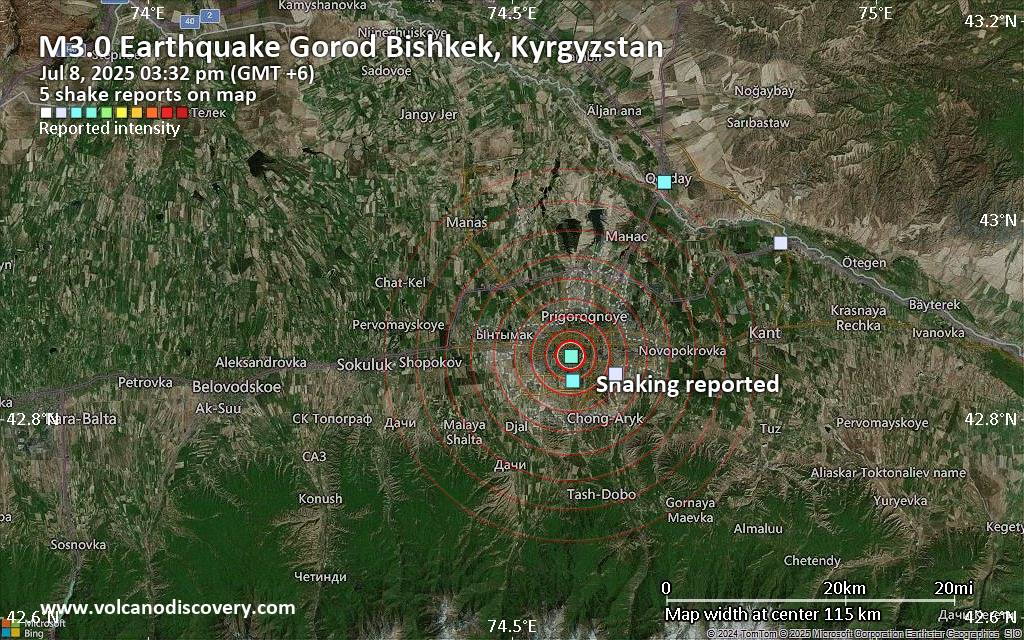 Unconfirmed quake or seismic-like event reported: 1 km southwest of Bishkek, Gorod Bishkek, Kyrgyzstan, 3 minutes ago