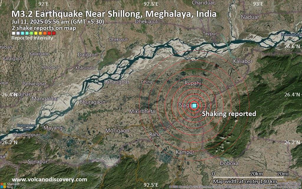 Unconfirmed quake or seismic-like event reported: Near Shillong, Meghalaya, India, 6 minutes ago