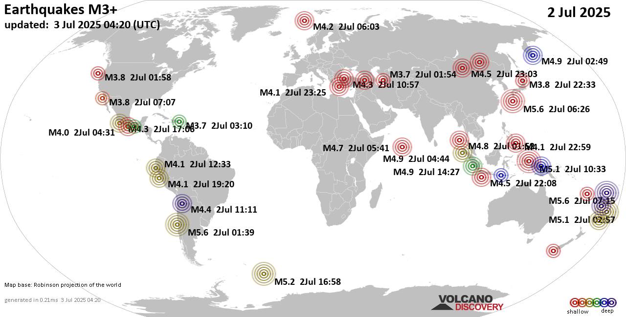 World Earthquake Report for Wednesday,  2 July 2025