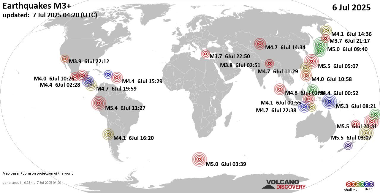 Worldwide earthquakes above magnitude 3 during the past 24 hours on  7 Jul 2025