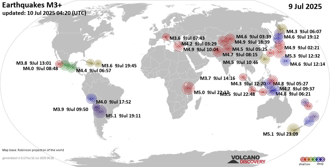 Worldwide earthquakes above magnitude 3 during the past 24 hours on 10 Jul 2025
