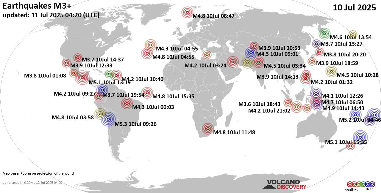 Worldwide earthquakes above magnitude 3 during the past 24 hours on 11 Jul 2025