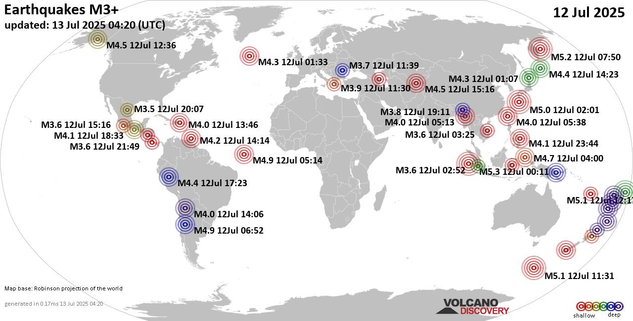Worldwide earthquakes above magnitude 3 during the past 24 hours on 13 Jul 2025
