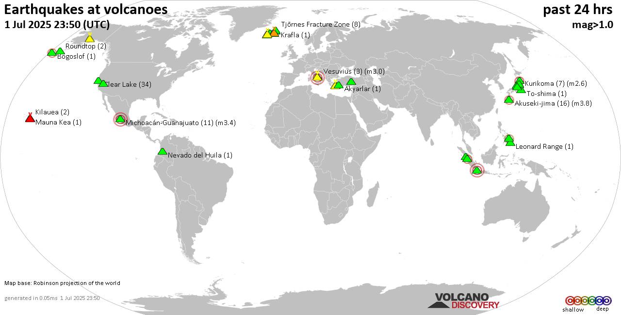 World map showing volcanoes with shallow (less than 50 km) earthquakes within 20 km radius  during the past 24 hours on  1 Jul 2025 Number in brackets indicate nr of quakes.