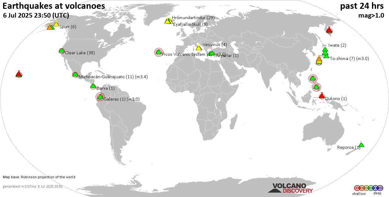World map showing volcanoes with shallow (less than 50 km) earthquakes within 20 km radius  during the past 24 hours on  6 Jul 2025 Number in brackets indicate nr of quakes.