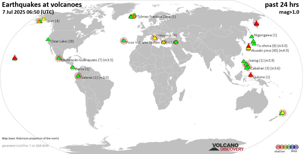 World map showing volcanoes with shallow (less than 50 km) earthquakes within 20 km radius  during the past 24 hours on  7 Jul 2025 Number in brackets indicate nr of quakes.