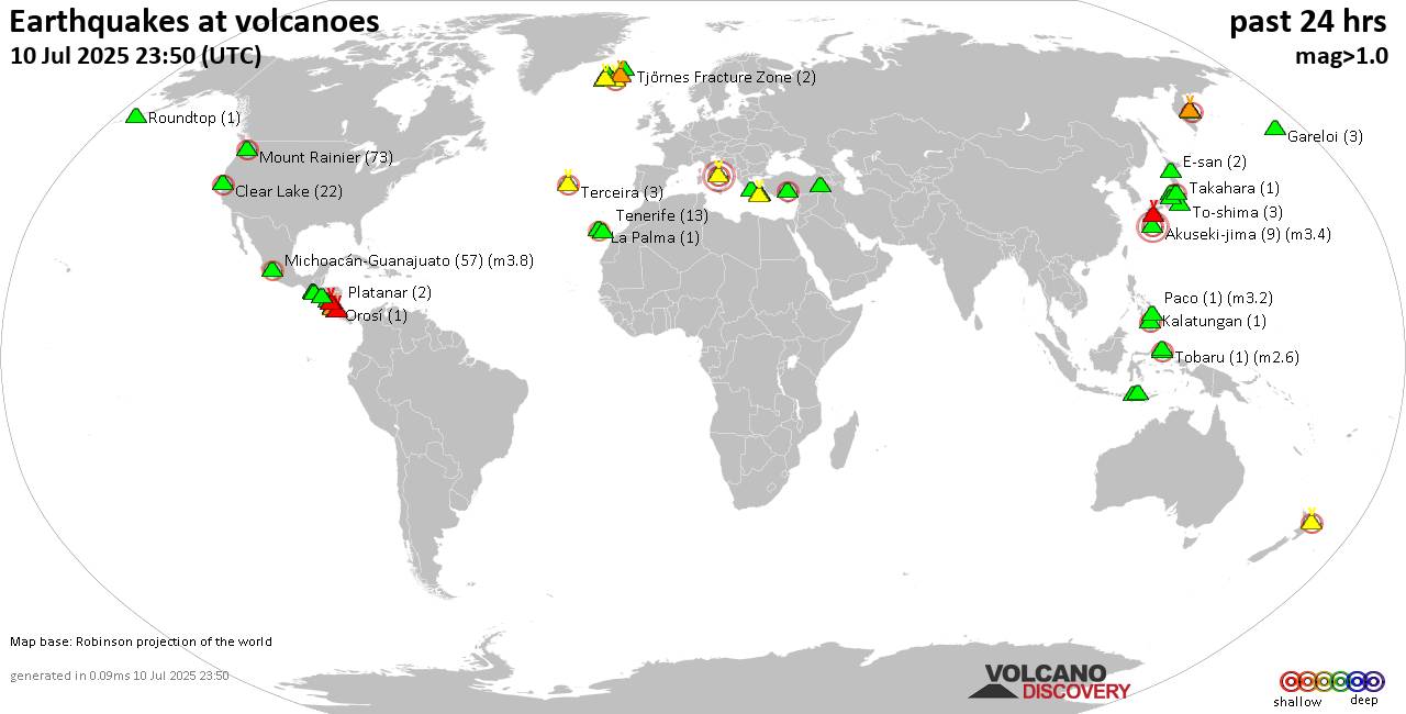 World map showing volcanoes with shallow (less than 50 km) earthquakes within 20 km radius  during the past 24 hours on 10 Jul 2025 Number in brackets indicate nr of quakes.