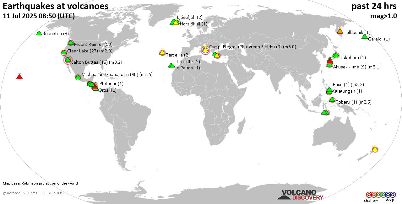 World map showing volcanoes with shallow (less than 50 km) earthquakes within 20 km radius  during the past 24 hours on 11 Jul 2025 Number in brackets indicate nr of quakes.