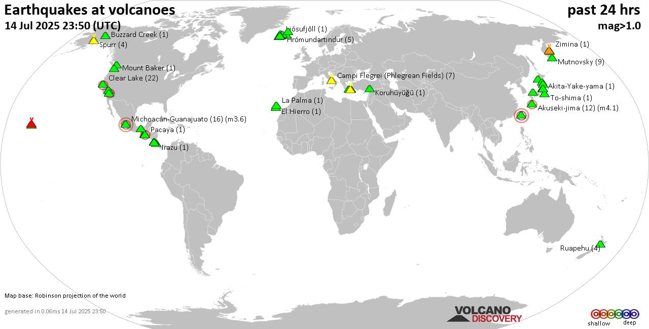 World map showing volcanoes with shallow (less than 50 km) earthquakes within 20 km radius  during the past 24 hours on 14 Jul 2025 Number in brackets indicate nr of quakes.