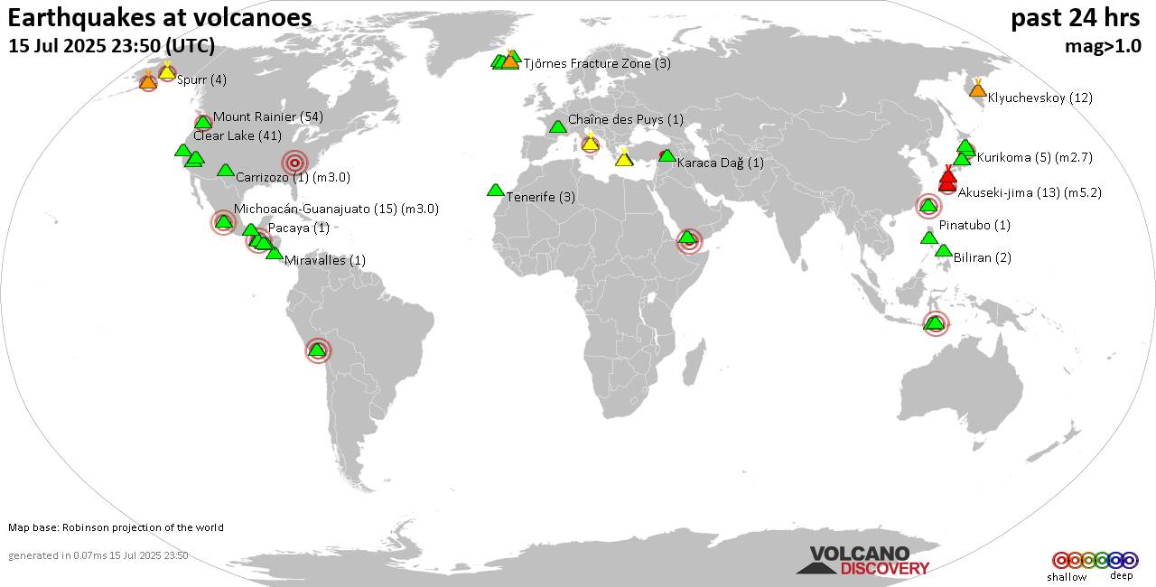 World map showing volcanoes with shallow (less than 50 km) earthquakes within 20 km radius  during the past 24 hours on 15 Jul 2025 Number in brackets indicate nr of quakes.