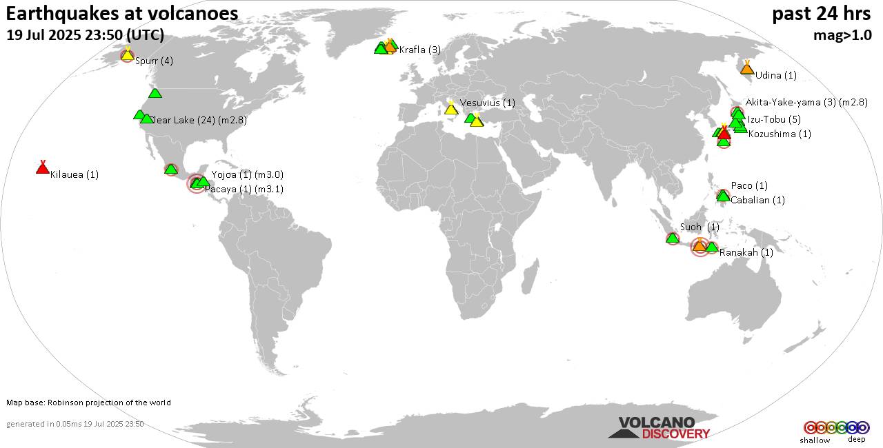 World map showing volcanoes with shallow (less than 50 km) earthquakes within 20 km radius  during the past 24 hours on 19 Jul 2025 Number in brackets indicate nr of quakes.