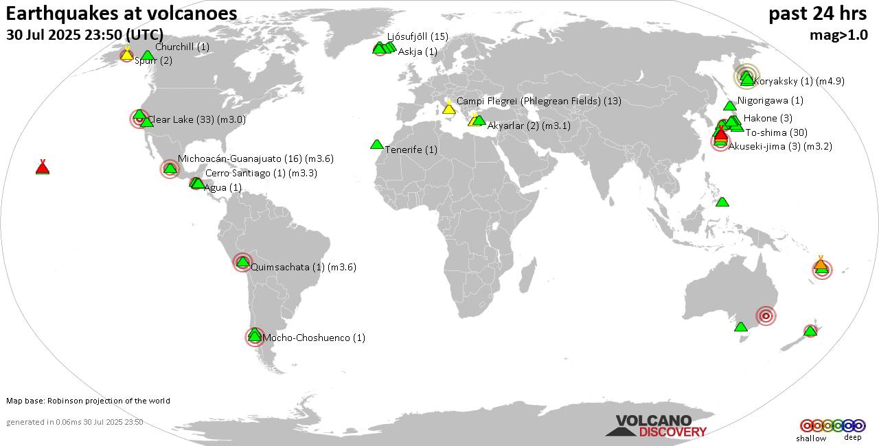 World map showing volcanoes with shallow (less than 50 km) earthquakes within 20 km radius  during the past 24 hours on 30 Jul 2025 Number in brackets indicate nr of quakes.
