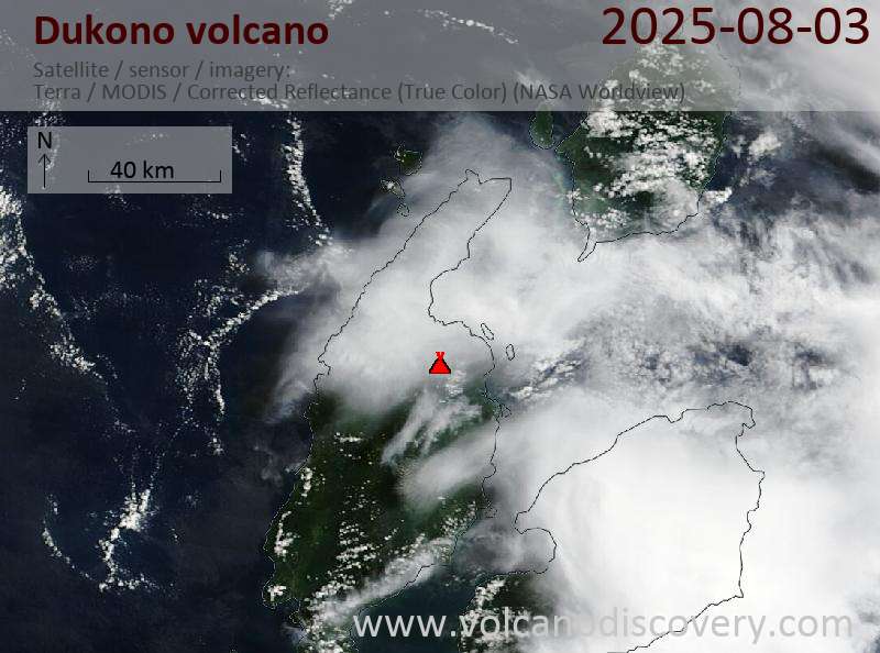 Satellite image of Dukono volcano on  3 Aug 2025