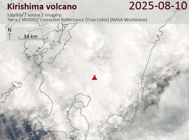 Satellite image of Kirishima volcano on 10 Aug 2025
