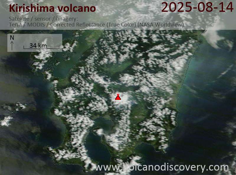 Satellite image of Kirishima volcano on 15 Aug 2025
