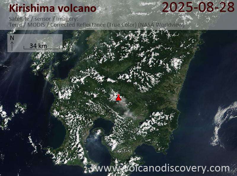 Satellite image of Kirishima volcano on 28 Aug 2025