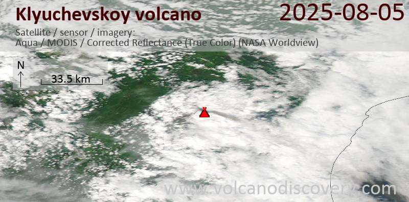 Satellite image of Klyuchevskoy volcano on  5 Aug 2025