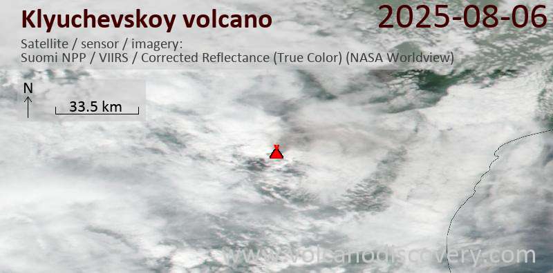 Satellite image of Klyuchevskoy volcano on  6 Aug 2025