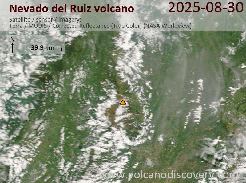 Satellitenbild des Nevado del Ruiz Vulkans am 30 Aug 2025
