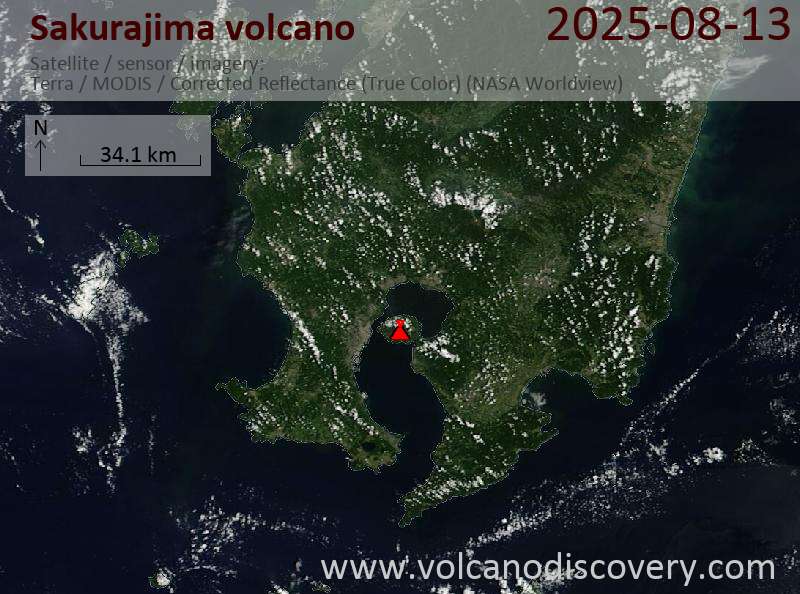 Satellite image of Sakurajima volcano on 14 Aug 2025
