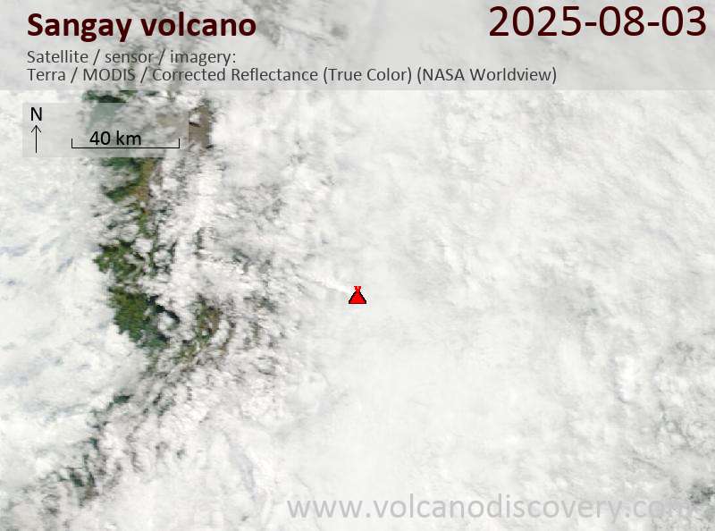 Satellite image of Sangay volcano on  4 Aug 2025