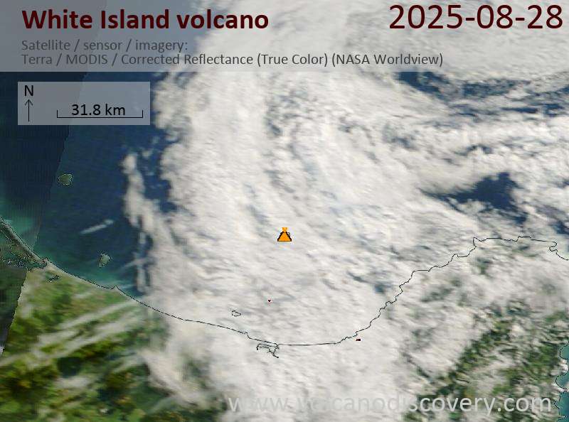 Satellite image of White Island volcano on 28 Aug 2025