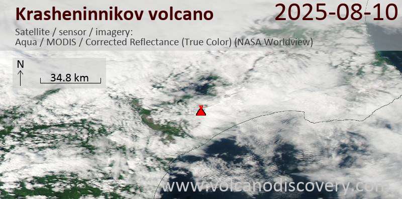 Image satellite du volcan Kracheninnikov le 10 août 2025