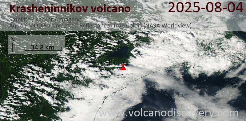 Satellite image of Krasheninnikov volcano on  5 Aug 2025