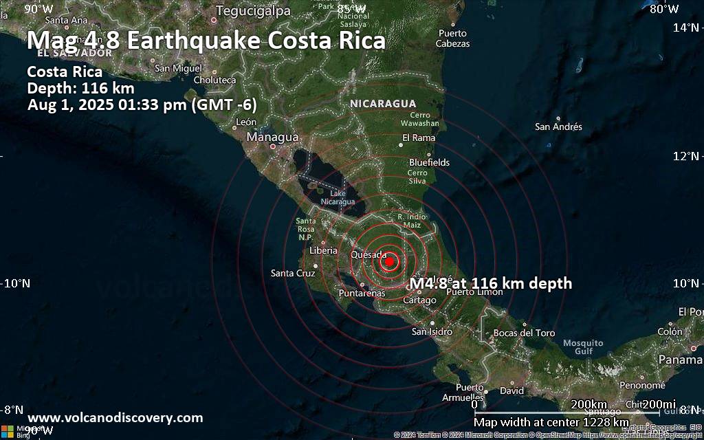 Moderate 4.8 quake hits near Quesada, San Carlos, Provincia de Alajuela, Costa Rica