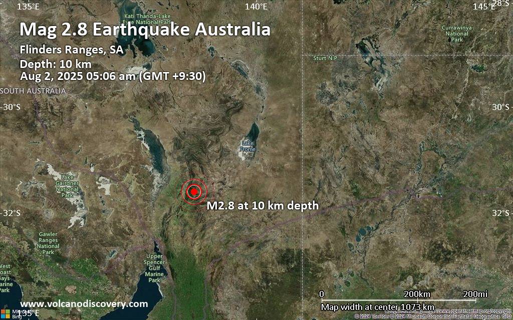 Magnitude 2.8 earthquake strikes near Hawker, Flinders Ranges, South Australia, Australia