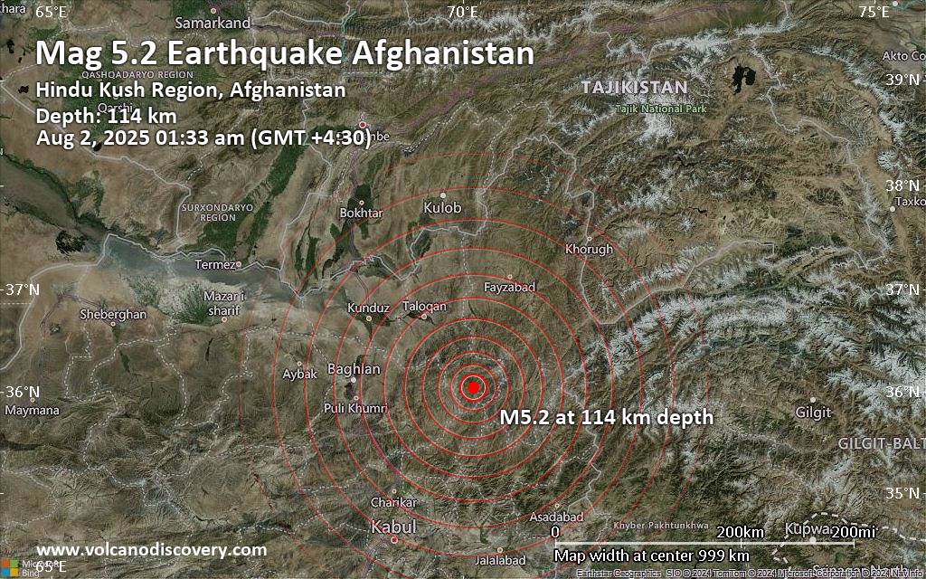 Moderate yet deep magnitude 5.2 quake hits 94 km southeast of Taloqan, Afghanistan early morning