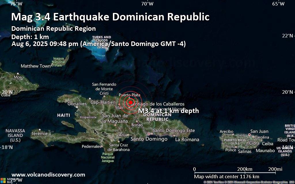 Small tremor of magnitude 3.4 just reported 19 km southeast of Puerto Plata, Dominican Republic