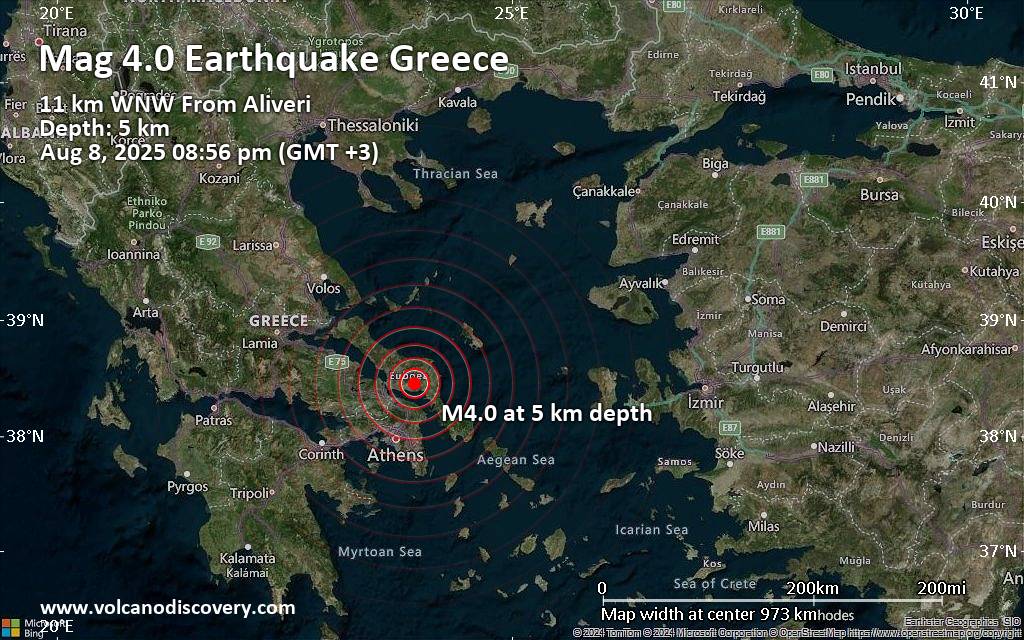 Moderate tremor of magnitude 4.0 just reported 56 km northeast of Athens, Greece