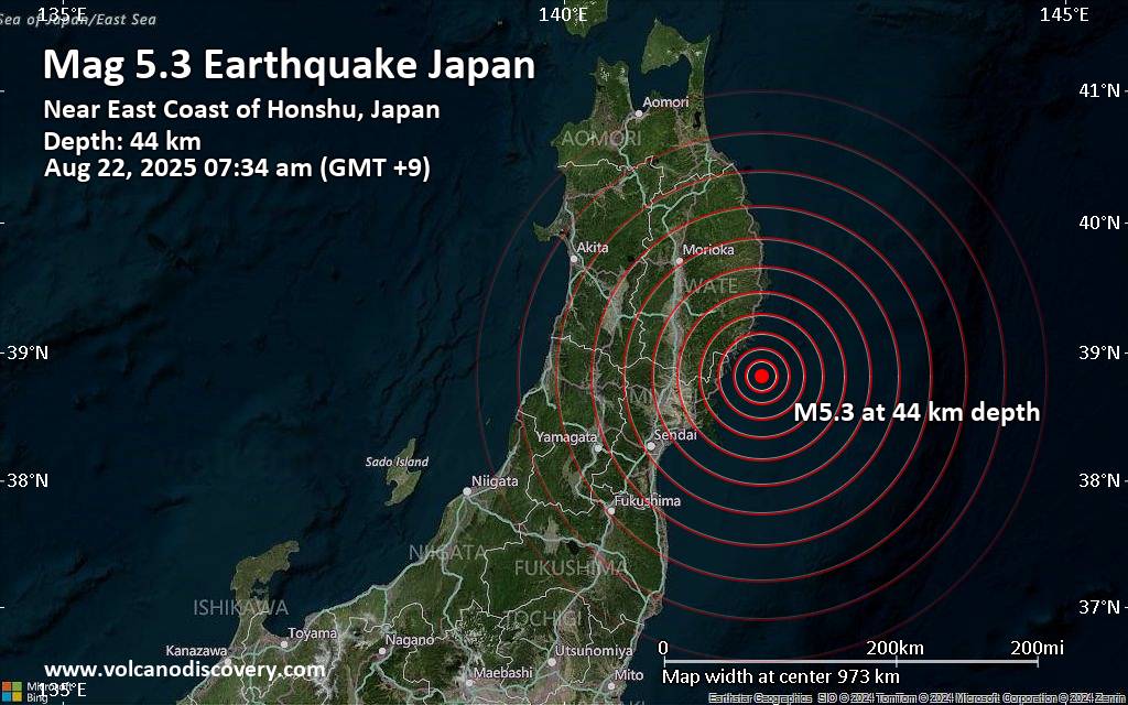 Significant magnitude 5.3 quake hits 36 km southeast of Ofunato, Japan in the morning