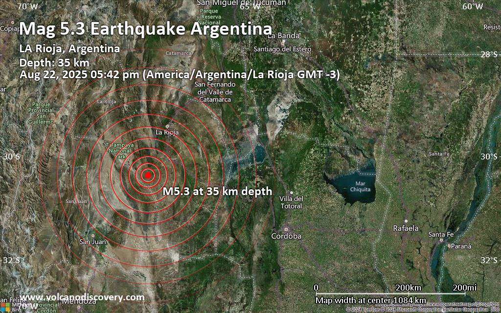 Significant magnitude 5.3 earthquake 114 km southwest of La Rioja, Argentina