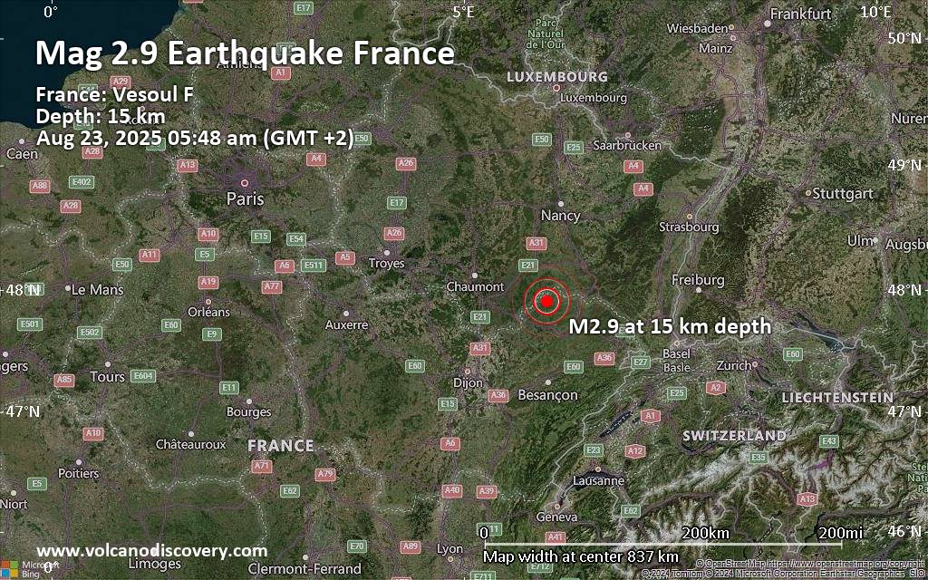 Small earthquake of magnitude 2.9 just reported 33 km northwest of Vesoul, France