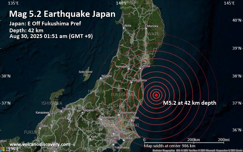 Significant 5.2 quake hits near Iwaki, Iwaki-shi, Fukushima, Japan